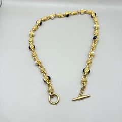 Opulent Vintage 24” Gold-Tone Link Necklace with Faux Pearl & Onyx Cabochons
