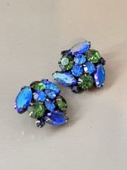 Vintage Signed KRAMER Blue & Green Spray Brooch & Earring Set, Gunmetal Set