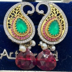 Indian Bridal gold kundan real ruby pearls cubic zirconia green glass earrings