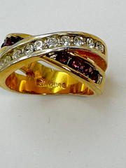 18kt Gold Plated Crossover Ring Signed GERG Clear Purple Amethyst Color Stones