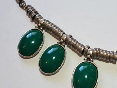 Vintage Old Pawn Necklace w 1″ Green Stones, Hand Made Coin Silver Settings 18″
