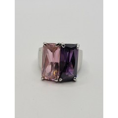 Pink & Purple Crystal Ring Prong Set Stones Modernist Geometric Silvertone