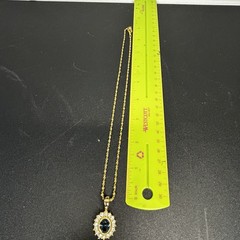 Gold Tone Blue Oval Rhinestone Halo Pendant Necklace Elegant Vintage Style
