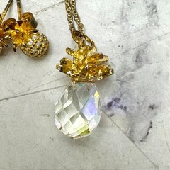 Vintage Pineapple Necklace & Earrings Gold Tone & 925 Rhinestones Crystal Beach