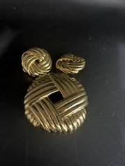 Vintage Les Bernard Brooch Earrings Set Chunky Basket Weave Gold Tone