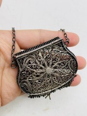 Antique Silver Tone Intricate Filigree Swirl Flower Coin Perfume Purse Pendant