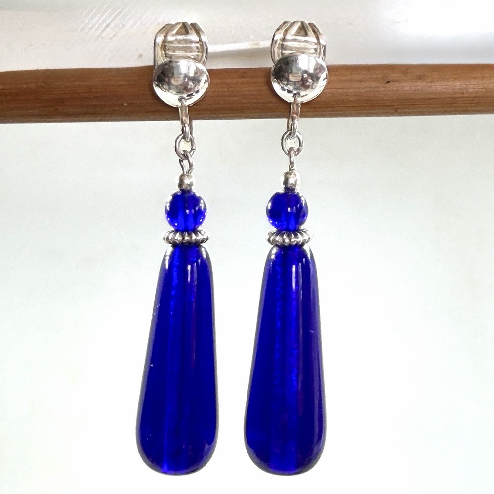 Vintage Cobalt Blue Glass Teardrop Dangle Clip On Earrings Silver Tone Drop 2”