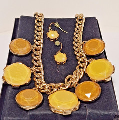 Vintage Yellow Stones & Gold-Toned Chunky Chain Statement Necklace & Earring Set