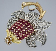 AMAZING Vintage Mid Century Portuguese 19K Ruby Diamond Strawberry Pendant Pin