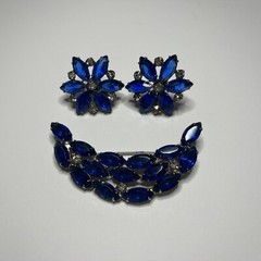 Vintage Unsigned Royal Blue Glass and Rhinestone Brooch and Earring Set