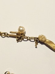 Vintage Crown Trifari Gold Tone Faux Pearl Birthday Ribbon Necklace Earrings Set