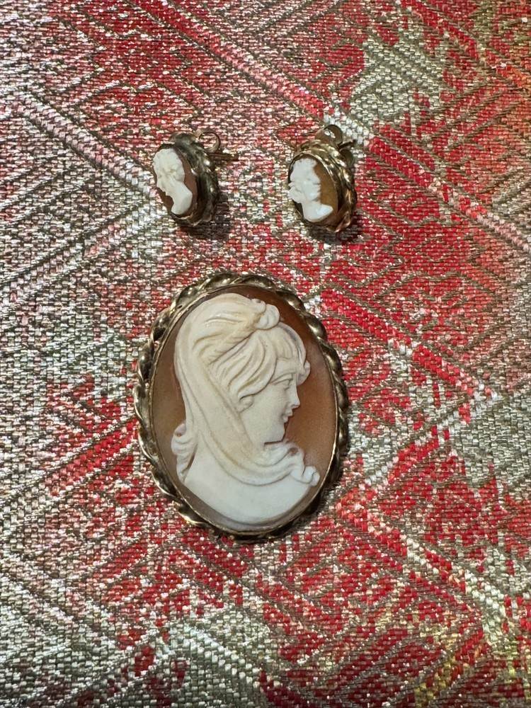 Vintage 12K Gold Filled Shell Cameo Brooch And Earrings Set Matching Mid Century
