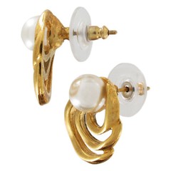 Vintage Gold Tone Spiral Small Stud Button Pierced Earrings 7mm Faux Pearl