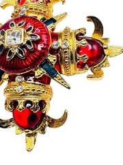 Vintage RJ Graziano Maltese Cross Red Enamel Brooch Pin Gold Tone Blue Baguettes