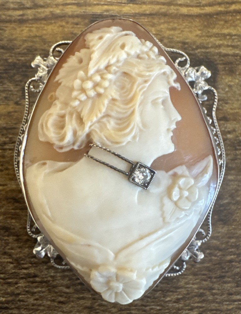 Vintage 14K Solid White Gold Cameo Brooch Pendant – Filigree, Diamond, Flowers