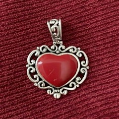 Antique 925 Silver Scrollwork Red Enamel Cabochon Heart Pendant — See Pics!