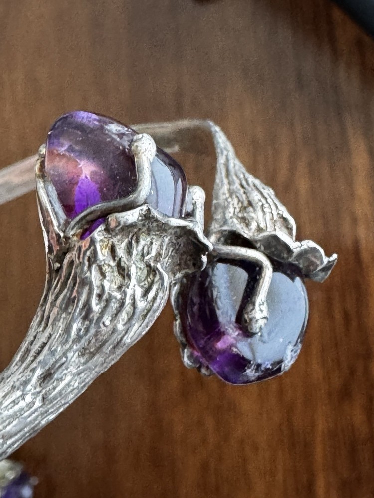 Vintage European 800 Silver Brutalist Bypass Bangle Bracelet Amethyst Cabochon