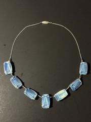 Vintage Japan Silver Pagoda Reverse Carved Opaline Glass Necklace