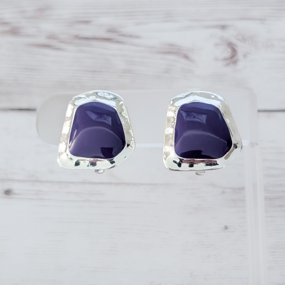 Vintage Clip On Earrings Unusual Statement Purple & Silver Tone Stylish