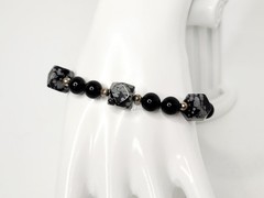Vintage Black and Snowflake Round & Hexagonal Barrel Obsidian Bead Bracelet