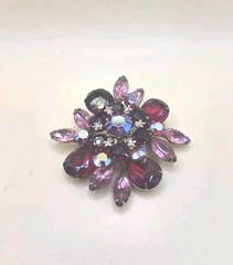 Vintage Brooch Red Pink & Ab Rhinestone Flower Brooch 0368