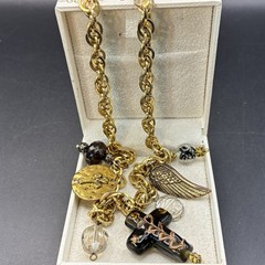 Vintage Brassy Bronzy Necklace & Charms of Mixed Metals: Cross, Angel Wing, OOAK
