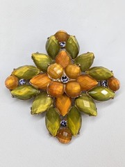 Vintage NWOT Olive Green Amber Rhinestone Cluster Flower Brooch 2.25in