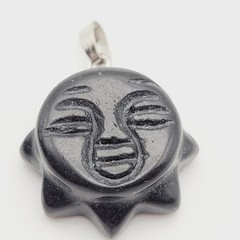Obsidian Sun Face Black Carved Stone Silver Tone Bail Pendant Charm No Chain