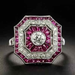 Art Deco Style Round Cut Lab Created Diamond Ruby Wedding 14K White Gold FN Ring