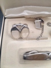 Vtg Men’s SWANK Cufflinks & Tie Clip Tie Bar Set Geometric Circular Ds Slvr-Tone