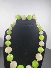 Vintage Acrylic Bead Necklace And Bracelet Lime Green White Gold Crackle Effect