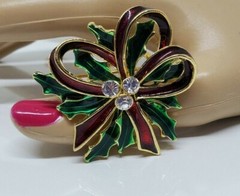 Rhinestone Enamel Green and Red Christmas Bow Brooch Pin Pendant 2″