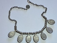 Vintage Old Pawn Necklace w 1″ Green Stones, Hand Made Coin Silver Settings 18″
