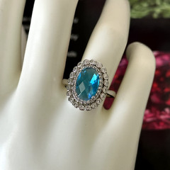 Ladies Light Blue & Clear CZ Halo Bezel Set White Gold Plated Ring Size 8
