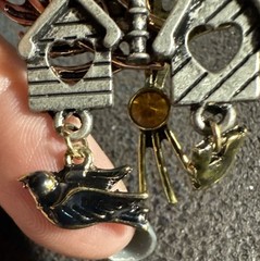 Tri-Colored Birdhouse Brooch Pin Sunflower Leaves Dangling Birds Fall Vintage