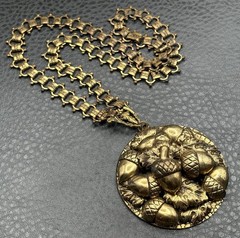 Vintage Victorian Revival Huge Acorn Pendant Necklace Book Chain 18” Unique!