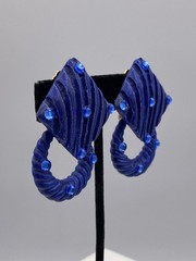 Jeff Lieb Signed Blue Rhinestones Clip On Earrings Squares W/ Detachable Circles