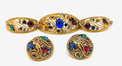 Vtg 50s La Roco Goldtone Filigree Multi-Color Rhinestone Bracelet & Earrings Set