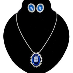 Vtg Silver Tone Blue Glass Stone Rhinestone Halo Necklace/Brooch Earrings Set