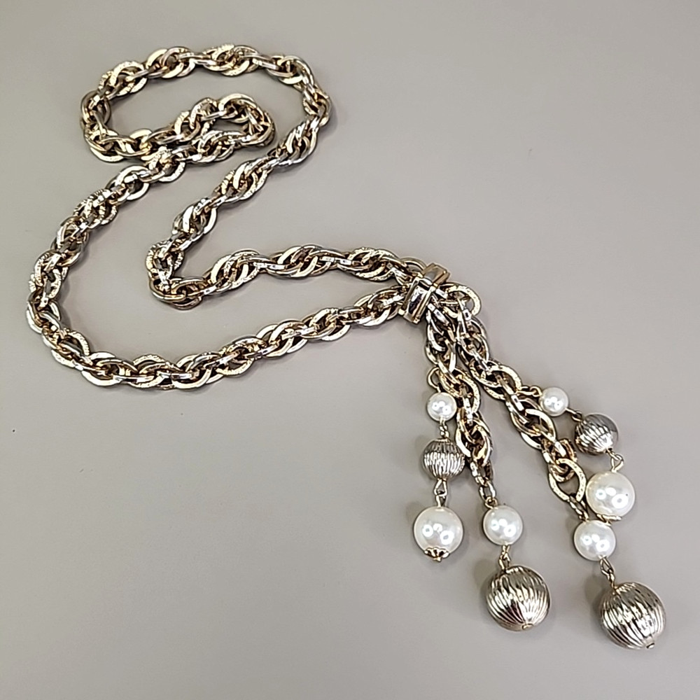 Vintage Slider Rope Necklace Tassel Faux Pearls Ribbed Ball Beads Chunky 28″