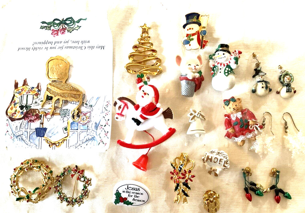 Vintage Christmas Jewelry Lot of 17 Pieces Earrings Pins Brooch Mixed Material