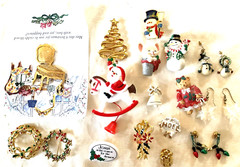 Vintage Christmas Jewelry Lot of 17 Pieces Earrings Pins Brooch Mixed Material