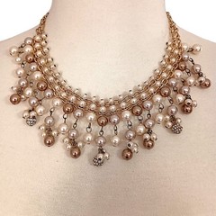 Y2K Bib Fringe Necklace Egyptian Revival Faux Pearl Gold Tone Victorian Vintage
