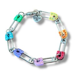 Y2k Vintage Charm It Safety Pin Chain Bracelet 6.5″ Colorful Rhinestone Kidcore