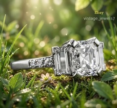 Asscher 4CT Lab Created Diamond Vintage Three Stone Engagement Ring 14K Gold FN