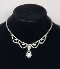 Clear Rhinestone Choker Necklace Vintage Dangle Drop Pendant 15.5 Inches Sparkly