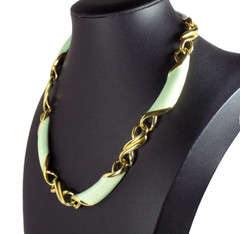 Vintage Chunky Choker Necklace Green Enamel Gold-tone Chain Hook Clasp Statement