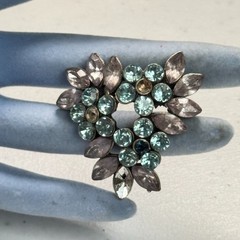 Vintage Brooch Ice Blue & Smoky Gray Rhinestone Leaf Heart Wreath Silver Tone