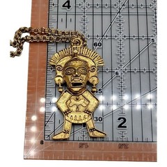Hobe Statement Pendant Necklace Mayan Inspired 20″ Gold Tone Chain Vintage