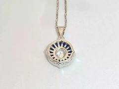 Art Deco Style Lab Created Sapphire & Diamond Wedding 14k White Gold FN Pendant
